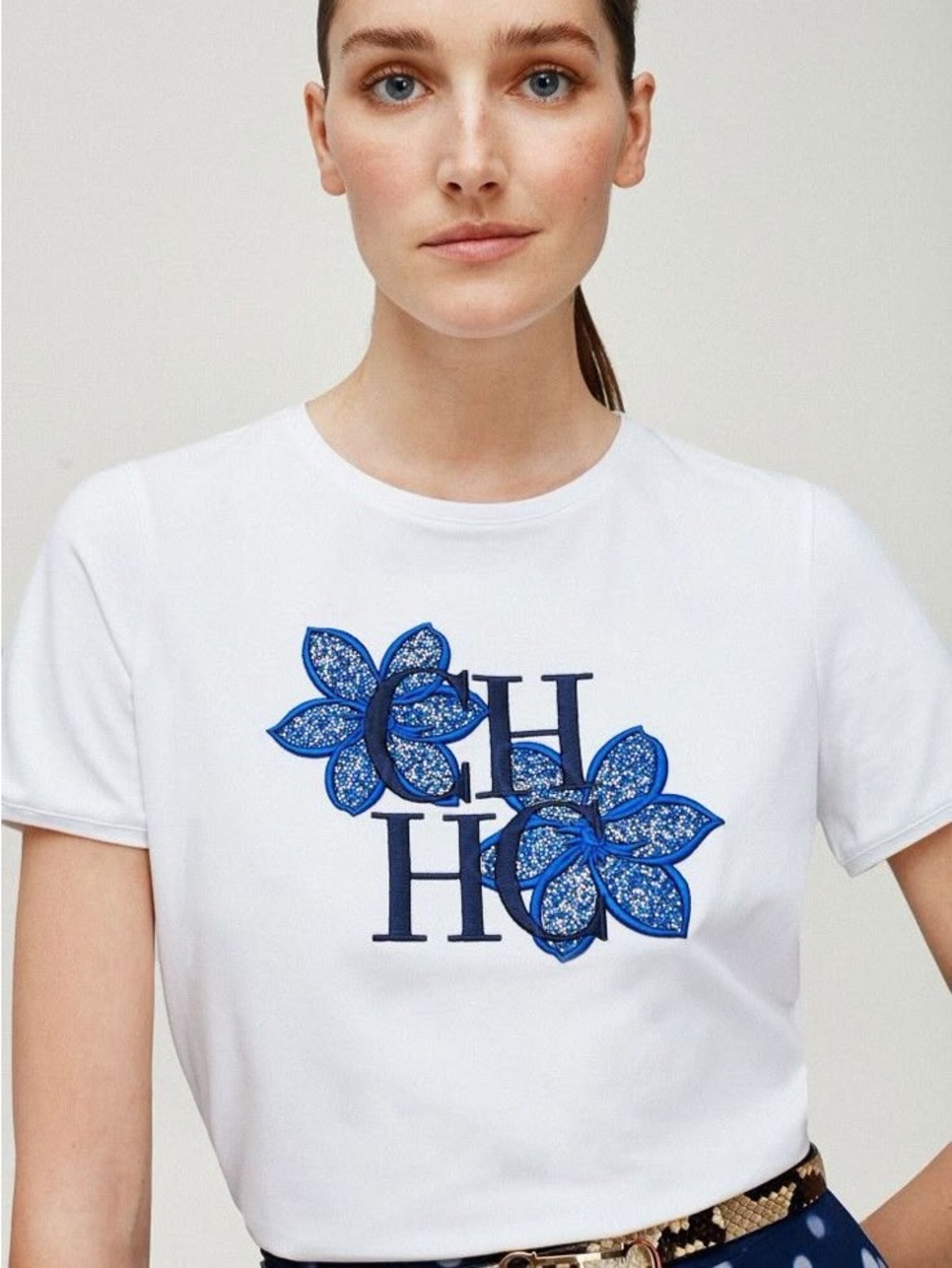 Carolina Herrera White Shirt with Blue Floral Design